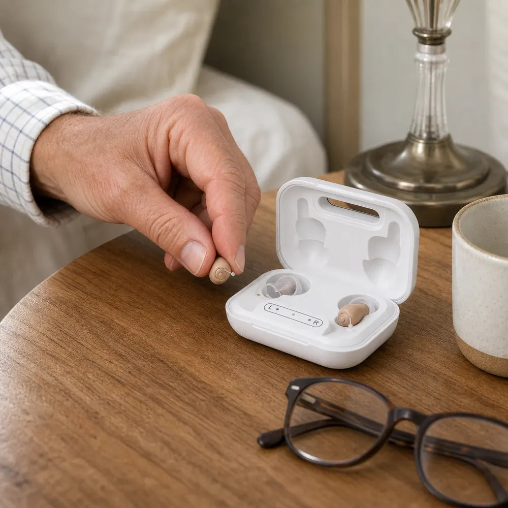 Hand picking up a Clear Hearing device from the open charging case
