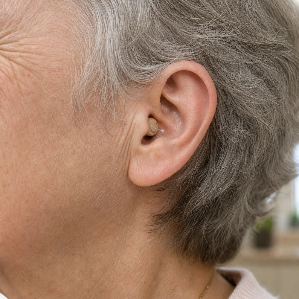 Close-up of the Clear Hearing device fitted in an ear
