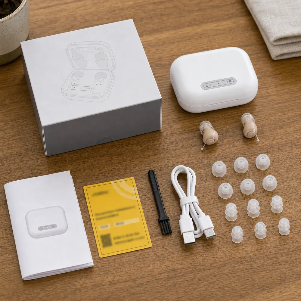 What's in the Clear Hearing box: charging case, hearing devices, ear tips, USB cable, cleaning brush, manual, warranty card